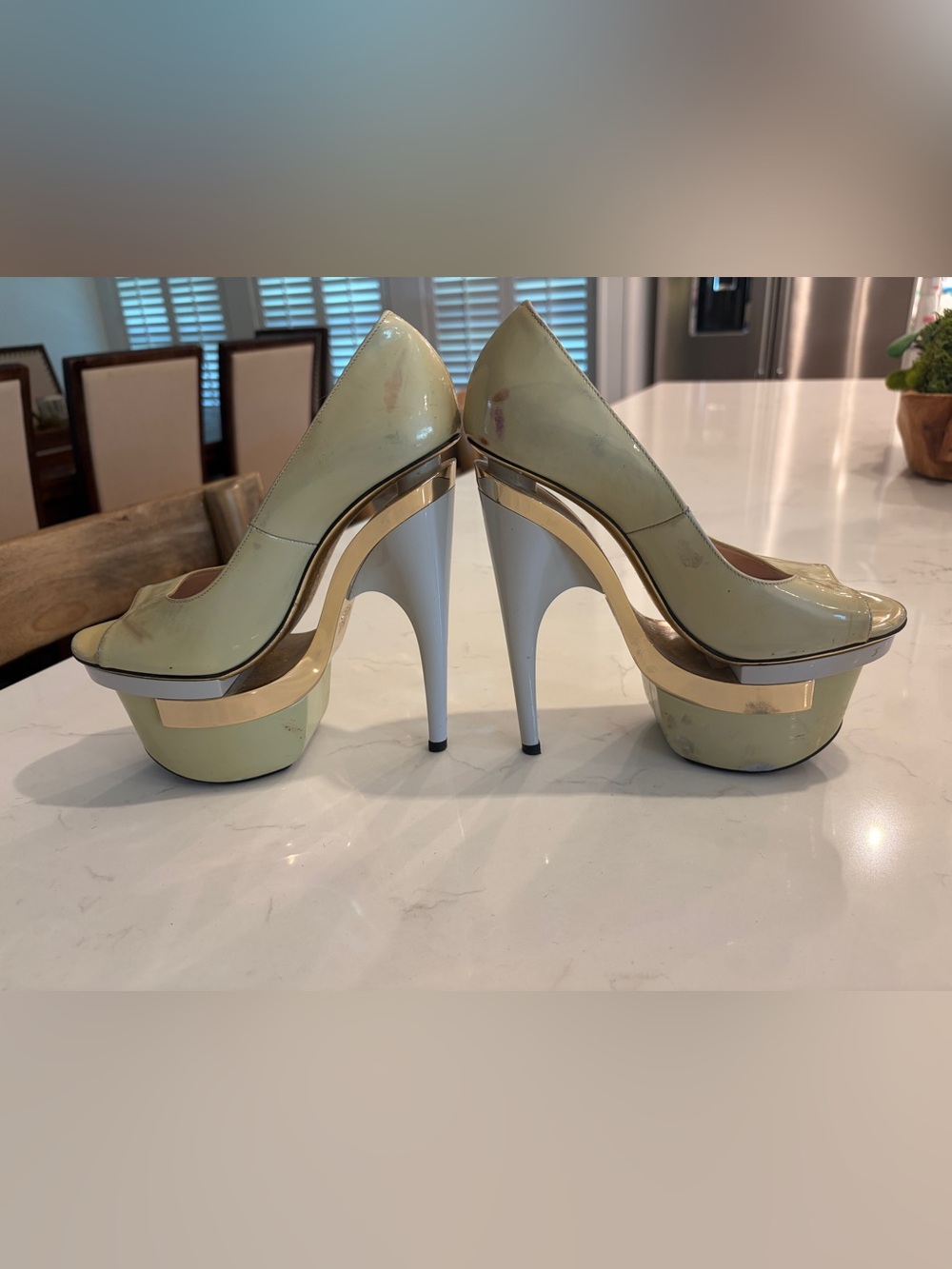 Versace Triple Platform Patent and Leather Pumps, pale green & gold
